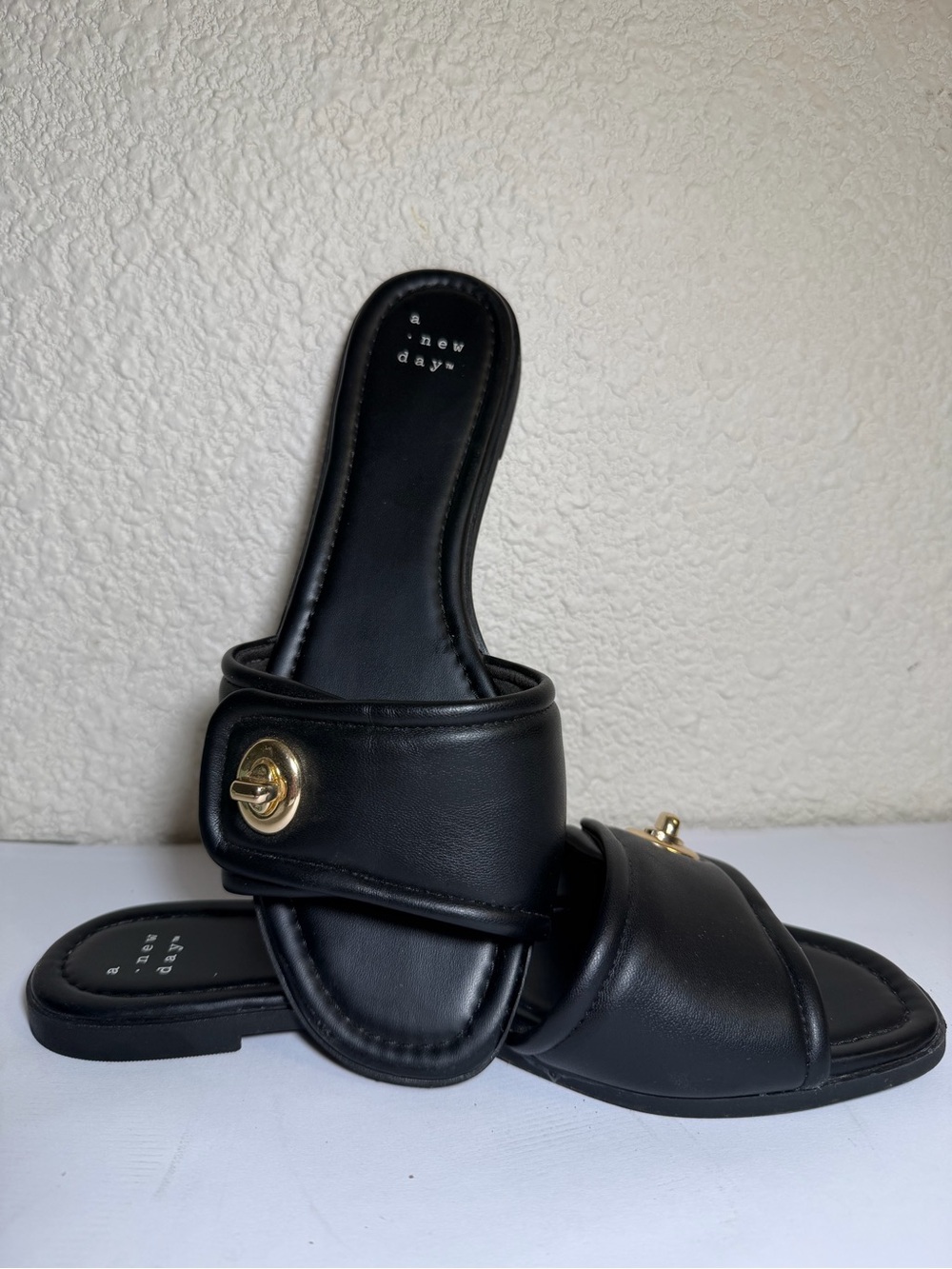 a new day Black Slide Sandals with Gold Accent Hardware